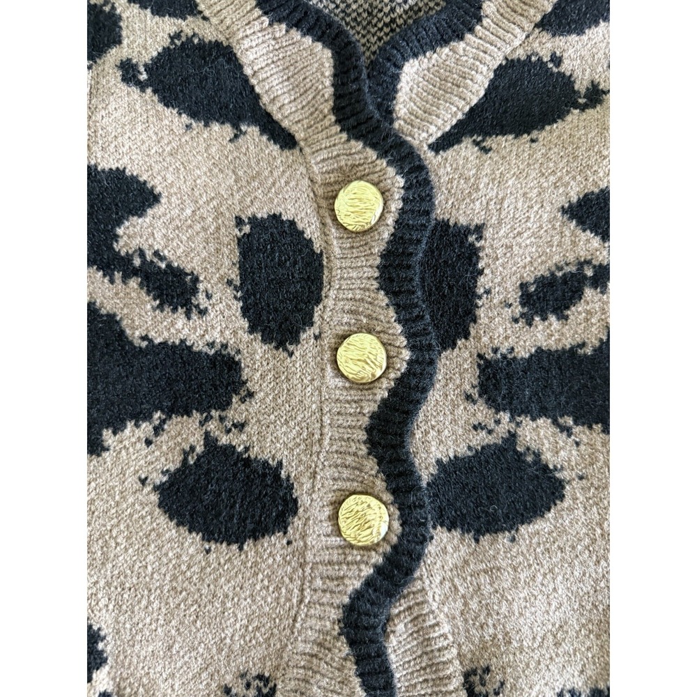 Commense NWT Leopard Print Knit Cardigan Vest Size Medium Brown Black Scalloped - Picture 4 of 7